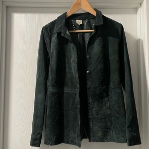 Ecru Dark Green Suede Leather Shacket with laser cutouts. Size S